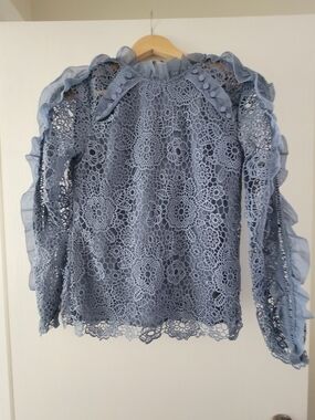 Ina Dusty Blue Floral Lace Ruffle Blouse